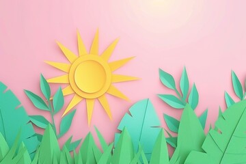 Bright tropical sunrise with a sun and palm leaves on a pink background evoking a cheerful and lively morning