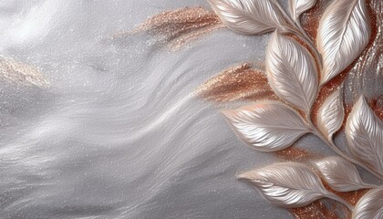 Srebrne, brokatowe tło z liśćmi po prawej stronie