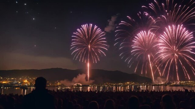 Fireworks Display Over Serifox River With Crowd During Night Festival Celebration Amidst Mountains