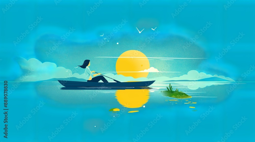 Wall mural a stunning minimalist illustration featuring a woman rowing a boat in a vibrant blue sky, surrounded