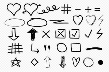 Charcoal graffiti. Drawing doodle Drawing arrow cross approved square round heart hashtag star plus minus bolt. Chalk scribble.  Isolated on checkered background






