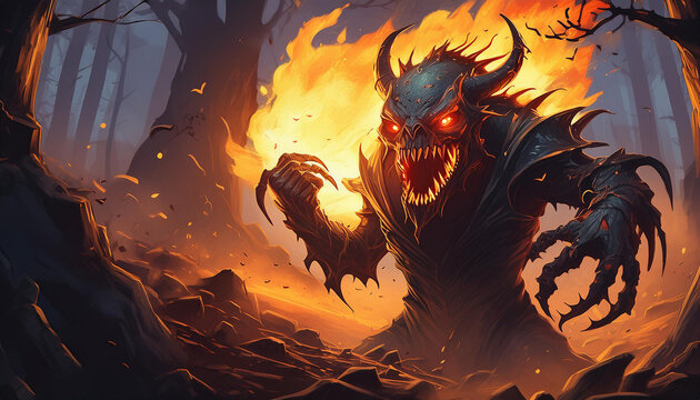 A monstesurrounded by firer with red eyes and a mouth full of teeth is