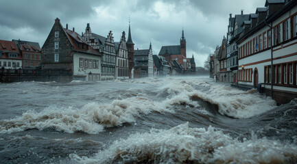 A wide shot of the river Lowo in Germany, massive water flow and flood in an old town. The building...