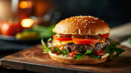 Highdefinition capture of a gourmet burger, layers visible, melting cheese
