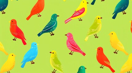 A pattern of colorful birds on a green background.