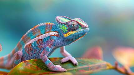 Obraz premium A colorful chameleon is sitting on a leaf. The chameleon is green and blue with yellow stripes