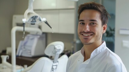 Dentist man smiling while standing in dental clinic. Portrait of confident a young dentist working in his consulting room. 