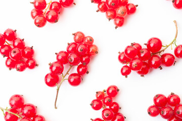 Fresh red currant berries background. Branches of red currant berries closeup. Top view