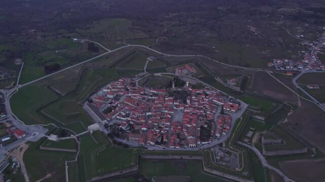 Aerial view of medieval fortress city at sunrise, Almeida, Guarda, Portugal.