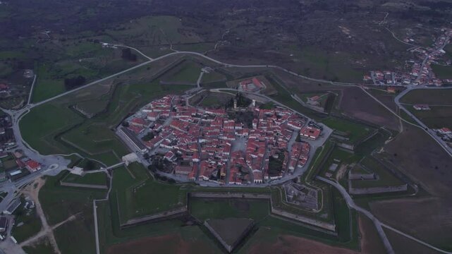 Aerial view of medieval fortress and town with ancient walls at twilight, Almeida, Portugal.