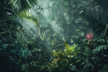 A lush jungle with a bright sun shining through the trees