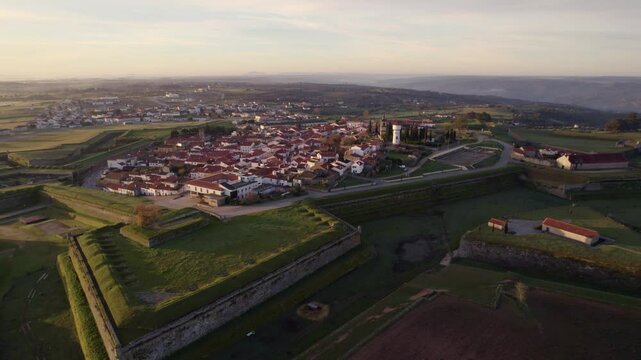 Aerial view of ancient fortress city walls at sunrise, Almeida, Portugal.