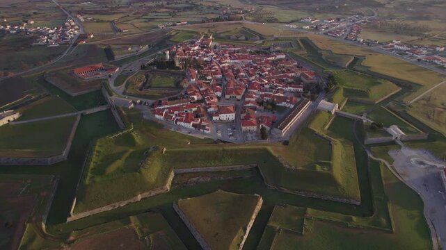 Aerial view of medieval fortress city with ancient walls and buildings, Almeida, Portugal.