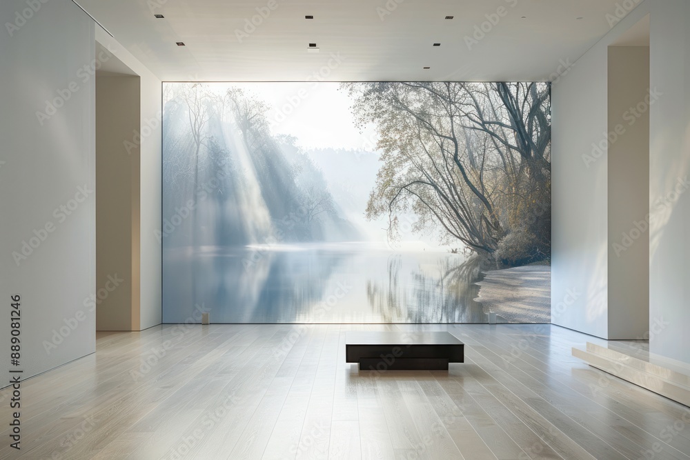 Poster a large window in a room with a view of a lake