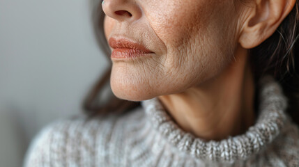 Obraz premium Venus rings horizontal on neck, age-related skin changes, senior, gradual aging, banner with copy space