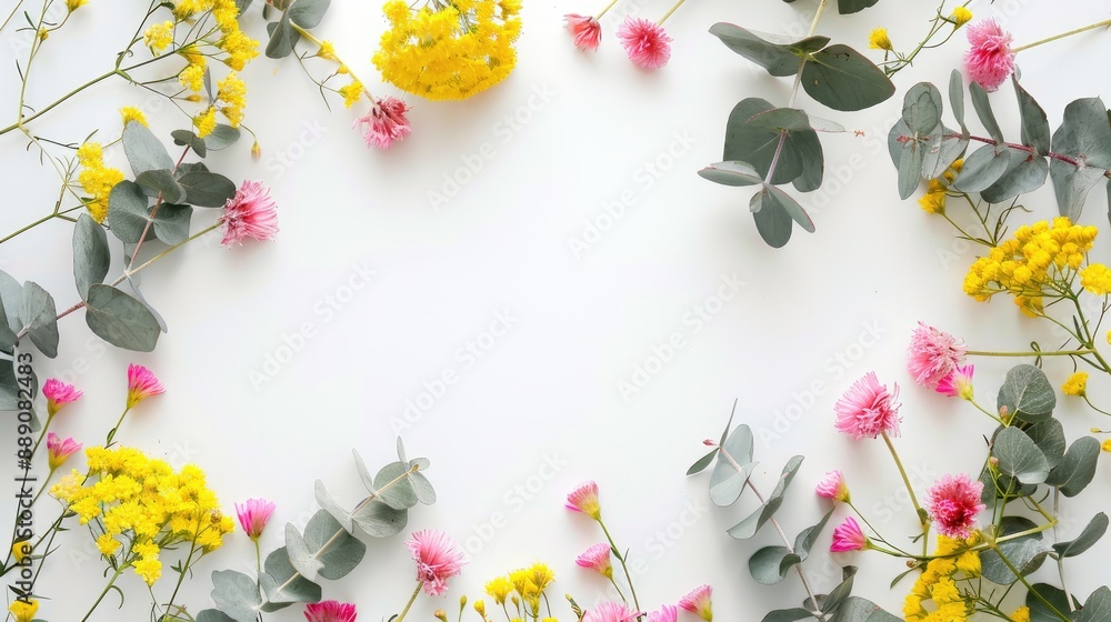 Poster yellow and pink flower round frame with eucalyptus on white background top view with space for text