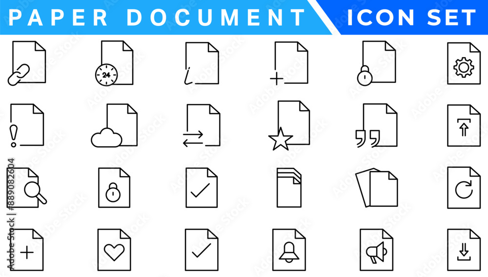 Poster Paper document icon set. Folded written paper document page icon vector element. Linear File icon in different styles.