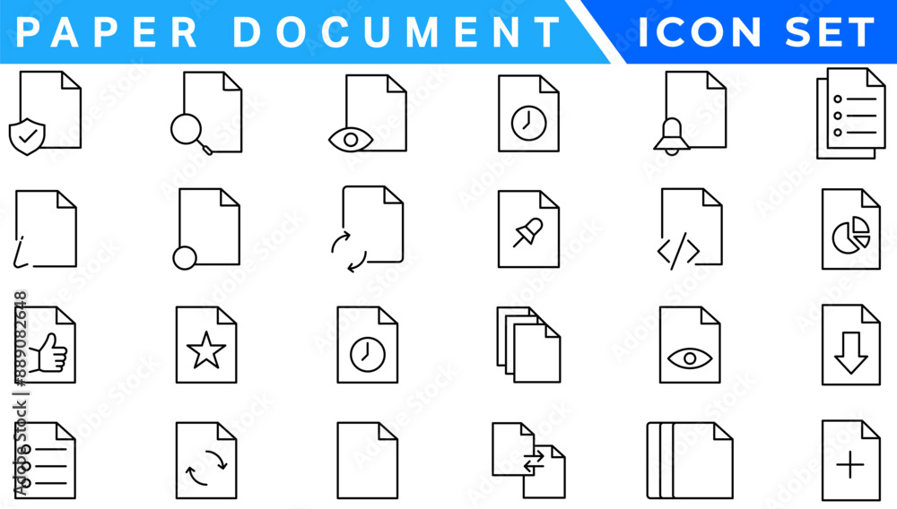 Poster Paper document icon set. Folded written paper document page icon vector element. Linear File icon in different styles.