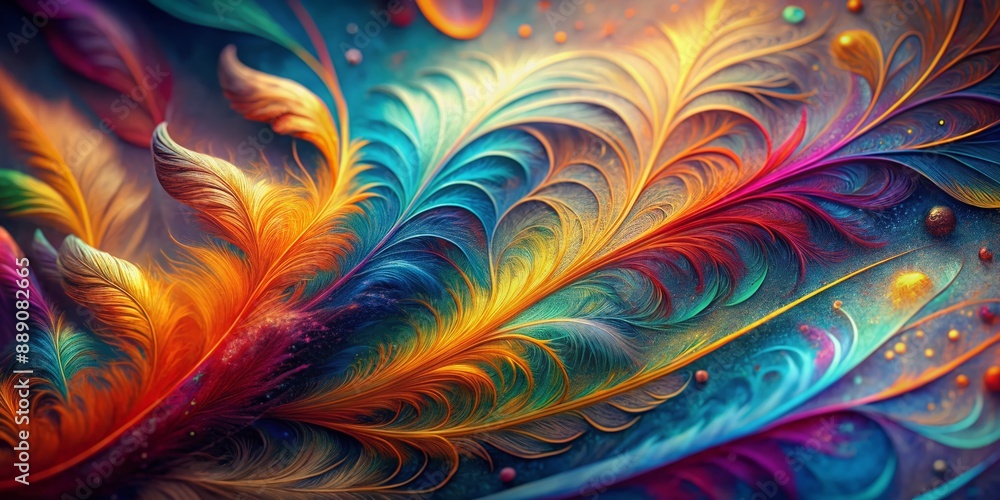 Poster vibrant multi-colored feathers in intricate, swirling patterns against a soft, textured background, 