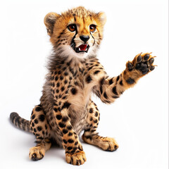 Cute Baby Cheetah Cub, Sitting Up And Waving Its Paw In The Air On A White Background In A Photo Realistic Image Style
