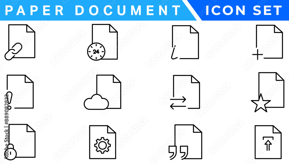 Poster Paper document icon set. Folded written paper document page icon vector element. Linear File icon in different styles.