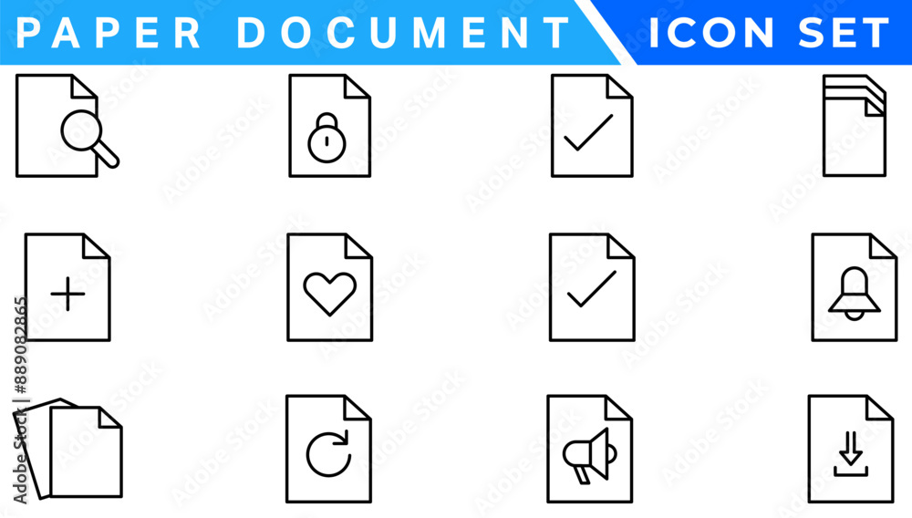 Poster Paper document icon set. Folded written paper document page icon vector element. Linear File icon in different styles.