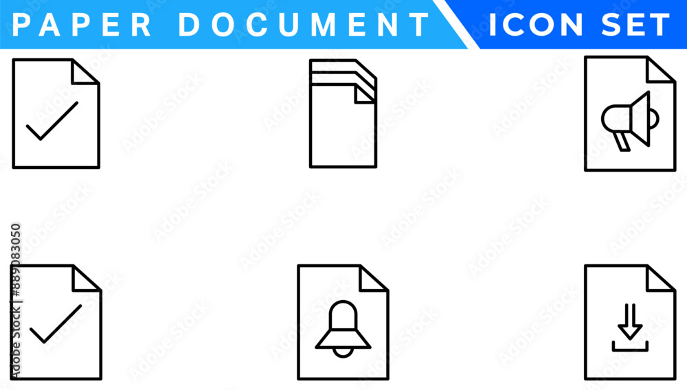 Poster Paper document icon set. Folded written paper document page icon vector element. Linear File icon in different styles.