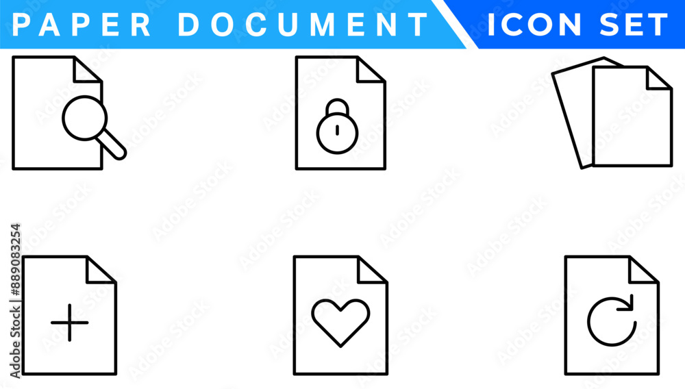 Poster Paper document icon set. Folded written paper document page icon vector element. Linear File icon in different styles.