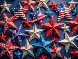 Obraz premium Vibrant red, white, and blue star decorations scattered on a dark blue background, featuring American flag elements, evoking a sense of patriotic pride and celebration.