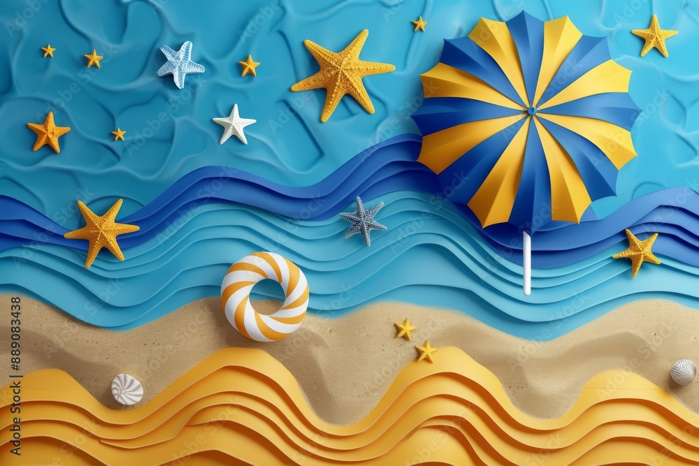 Canvas Prints Playful beach scene with starfish waves and a beach ball on a bright blue background