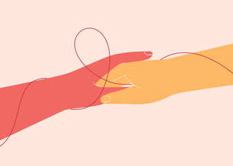 Human hands connected in  handshake with pink or red ribbon. Fight against breast cancer together. Help and support about females with oncology and HIV illnesses. Vector illustration