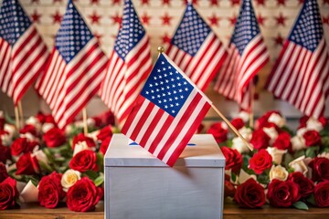 Obraz premium Ballot box with patriotic colors and stars, surrounded by miniature flags, roses, and voting booths, symbolizing citizen participation in democratic elections.