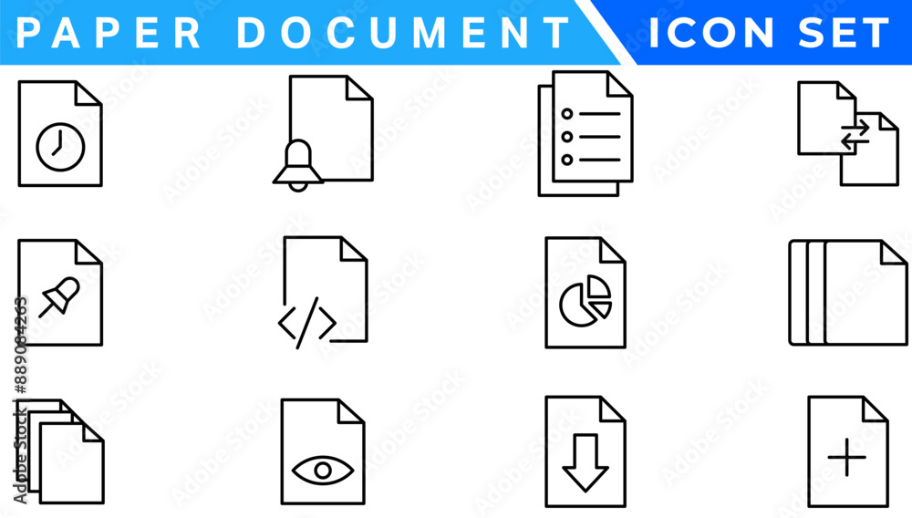 Poster Paper document icon set. Folded written paper document page icon vector element. Linear File icon in different styles.
