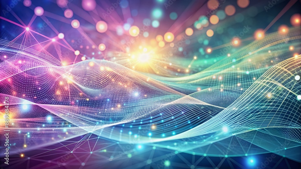 Poster soft pastel hues of abstract cyberspace backdrop feature woven lines and dots in a wave pattern, evo