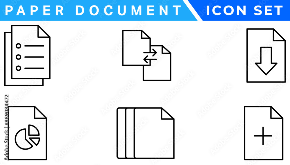 Poster Paper document icon set. Folded written paper document page icon vector element. Linear File icon in different styles.