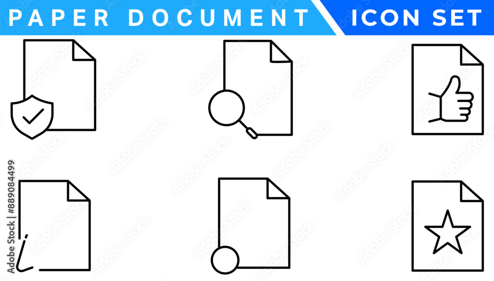 Poster Paper document icon set. Folded written paper document page icon vector element. Linear File icon in different styles.