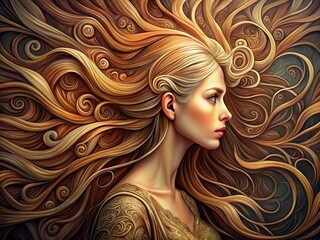 Intricate illustration of a feminine figure with luminous, flowing locks, showcasing meticulous attention to every delicate strand, swirl, and curl of her beautiful long hair.