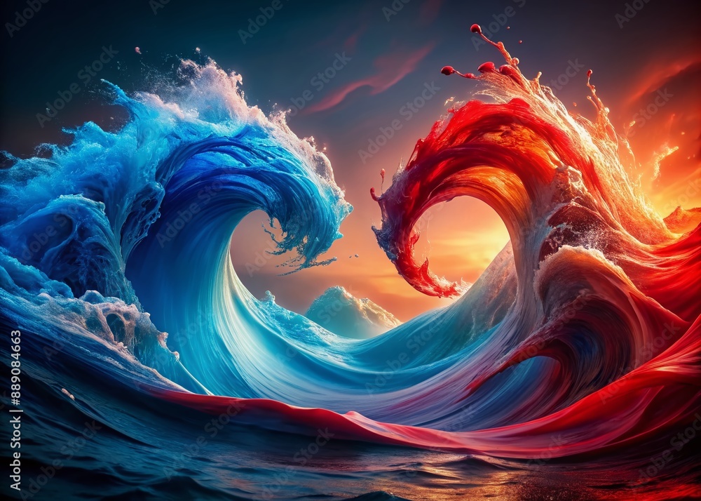 Poster vibrant blue and bold red abstract waves crash together in a mesmerizing dance, creating a stunning 
