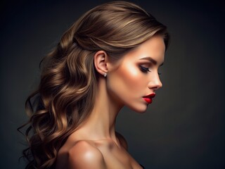 Fototapeta premium Stunning portrait of a gorgeous woman in profile, subtle natural makeup, soft facial features, and luscious hair against a mysterious dark background.