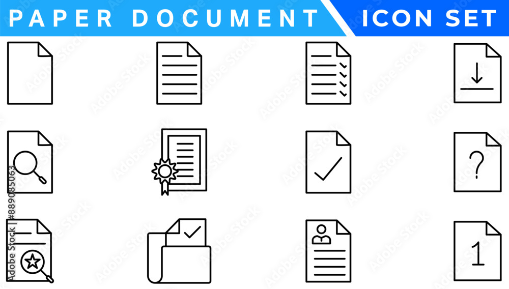 Poster Paper document icon set. Folded written paper document page icon vector element. Linear File icon in different styles.