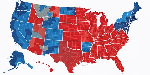 Colorful political map of the United States displays election results, with red and blue states illuminated, indicating party affiliations and vote distributions across the country.