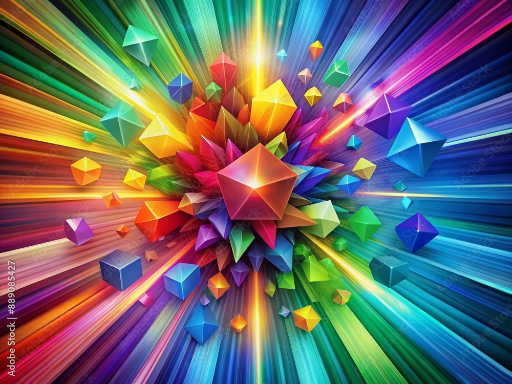 Poster vibrant rainbow-colored geometric shapes explode against a dynamic abstract background of energetic 