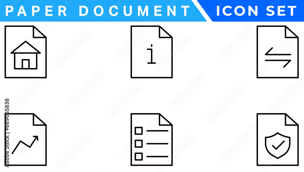 Poster Paper document icon set. Folded written paper document page icon vector element. Linear File icon in different styles.