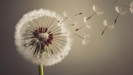 A beautiful dandelion against a neutral background. The dandelion's seeds are gently floating away, symbolizing the release of one's burdens and the journey of the departed soul. 