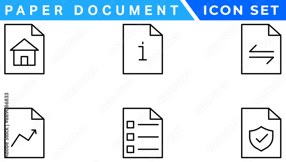 Poster Paper document icon set. Folded written paper document page icon vector element. Linear File icon in different styles.