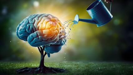 A human brain growing from the roots of a tree, pouring water onto the brain, representing the nurturing of mental health and positive attitude.