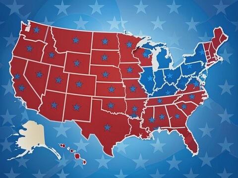 A detailed illustration of the United States electoral college map, showcasing 50 states with corresponding electoral votes, set against a patriotic blue and red background.