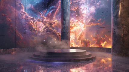 Podium with a nebula design and a swirling cloud of gas