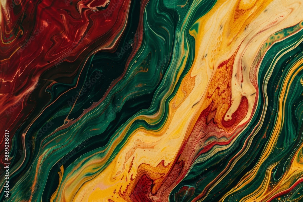 Poster Abstract fluid art background depicting a mesmerizing blend of green, yellow and red hues, creating a dynamic and visually captivating composition