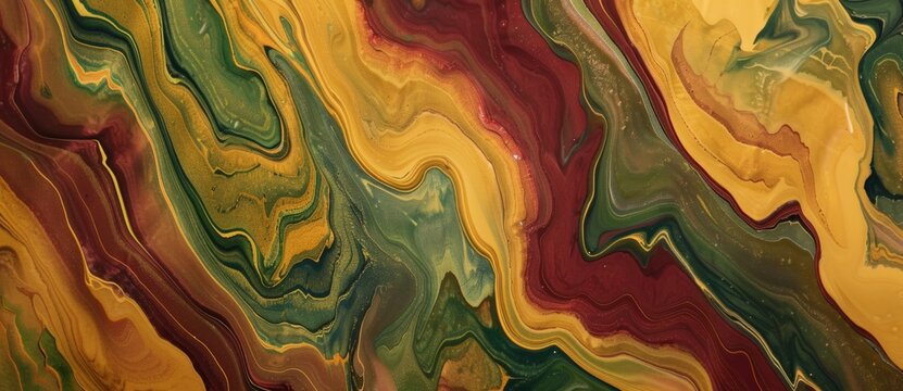 Abstract fluid art painting in shades of green, yellow, and red, creating natural-looking patterns and textures, perfect for backgrounds
